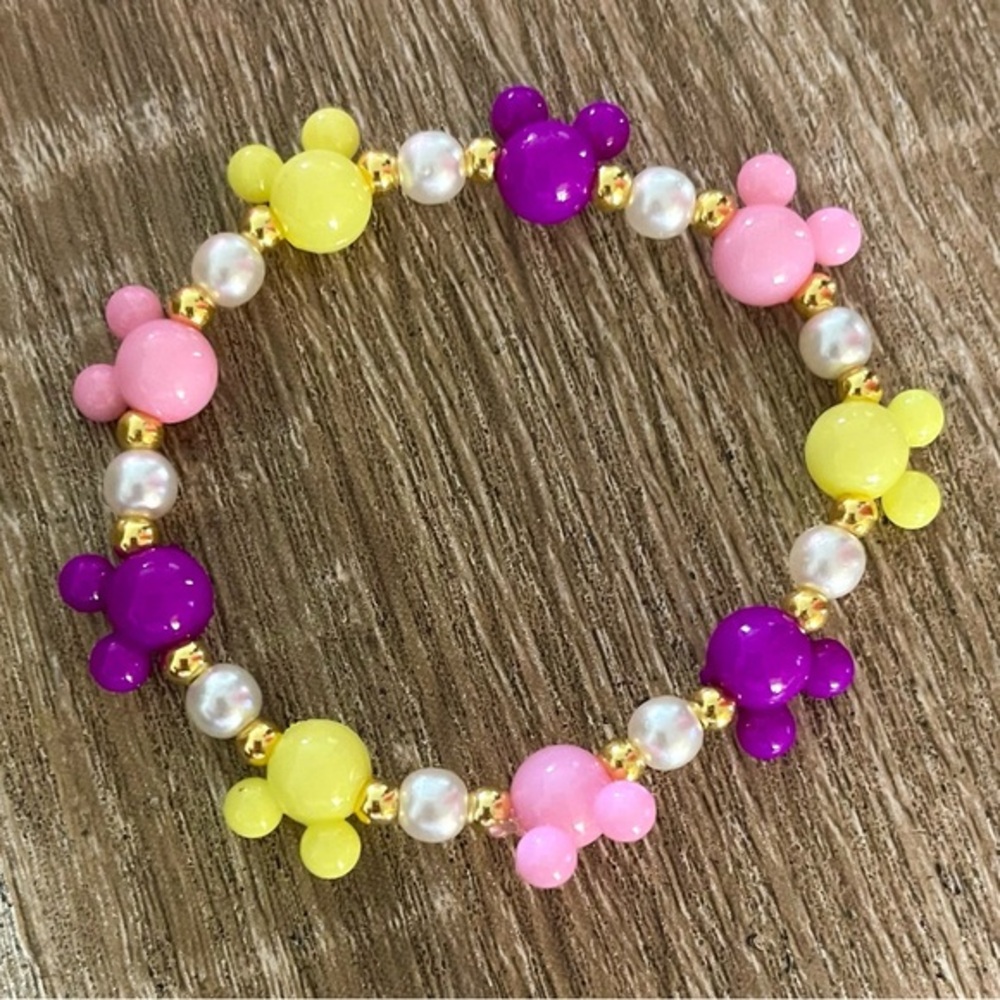 Beaded Stretch Bracelet w/ Pink, Yellow & Purple Mickey Mouse Charms and Pearls!